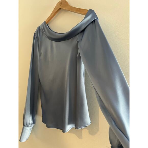 Bobbles & Lace Off the Shoulder Satin Cocktail Dress Shirt Sky Blue Size Small - Picture 4 of 8